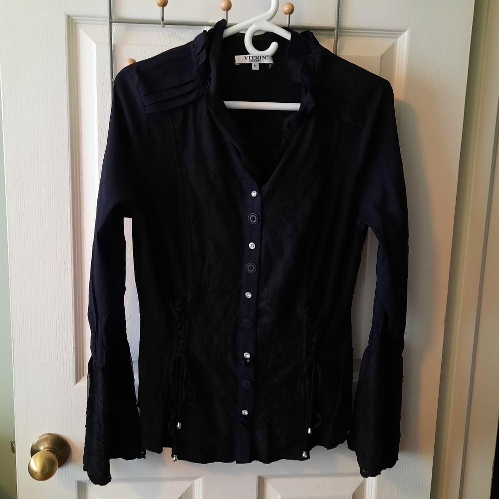 Vitrin Design Size M Unique Black Lacey Button up Shirt with Bell Sleeves